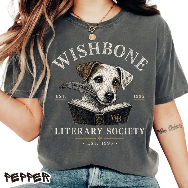 Comfort Colors Wishbone Dog Literary Society T Shirt, Vintage Book Lover Graphic Tee, Comfort Colors Reader Shirt, Literary Gift for Bookworms
