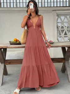 Women's Fashion Sexy Deep V Backless Maxi Long Dress, Aesthetic Boho Style, Loose-Fitting, Ethnic Pattern, Summer Party, Vacation and Beach Wear