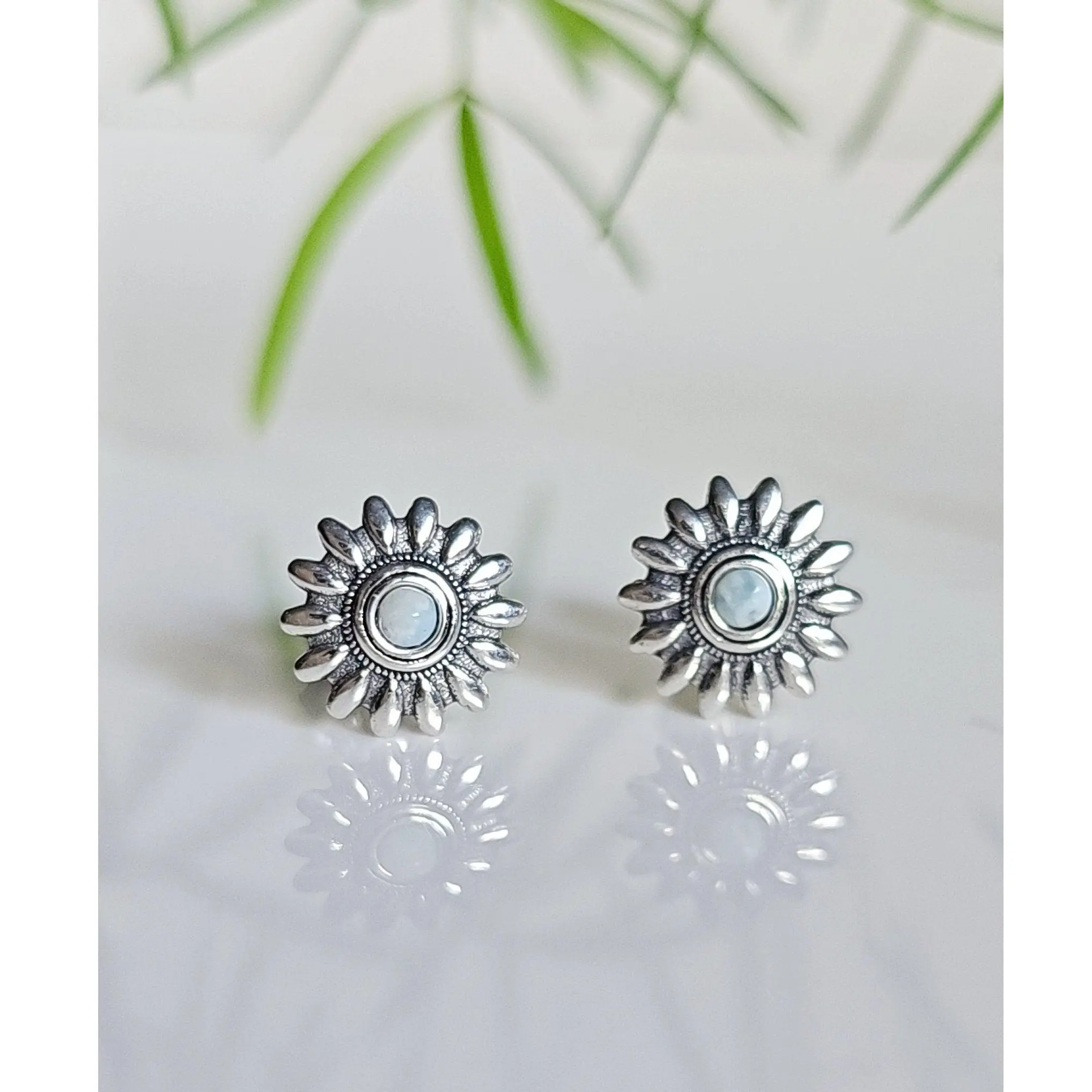 Larimar Flower Sterling Silver Flower Stud Earrings