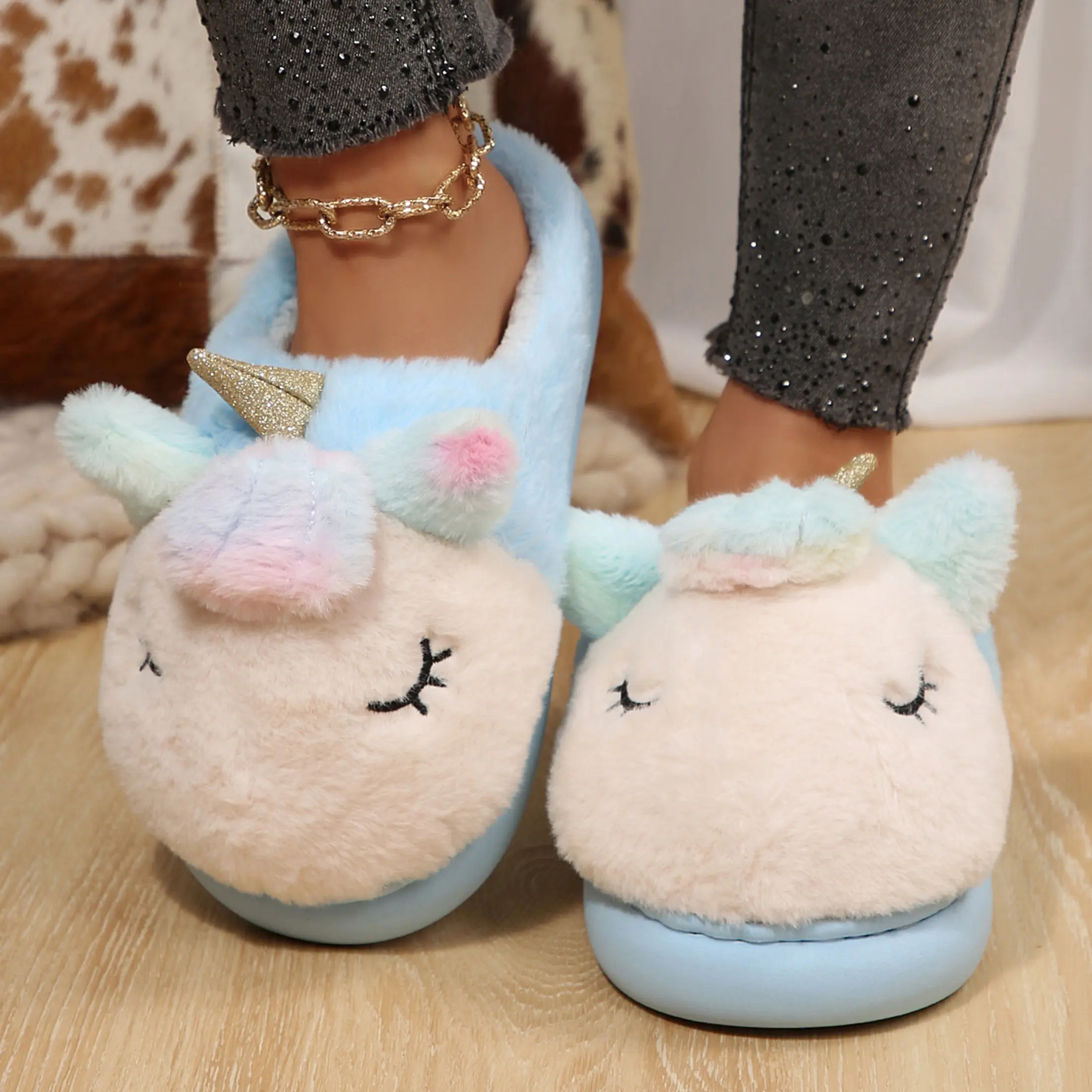 Women's Unicorn Slippers Cute Animal Fluffy Fuzzy House Slippers with Anti Slip Soles House Shoesfor Winter Warm Shoes