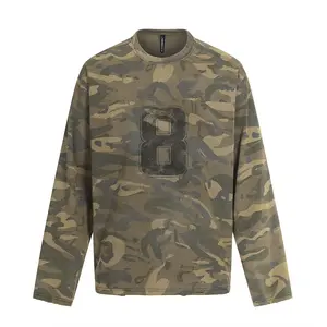 Inflation Men's 100% Cotton Classic Fashion Long Sleeve Casual Camouflage Crop Tee - 2026 Spring New Arrival, Loose Fit, Washed Distressed Round Neck, INS Streetwear Casual T-Shirts, Father's Day Gift