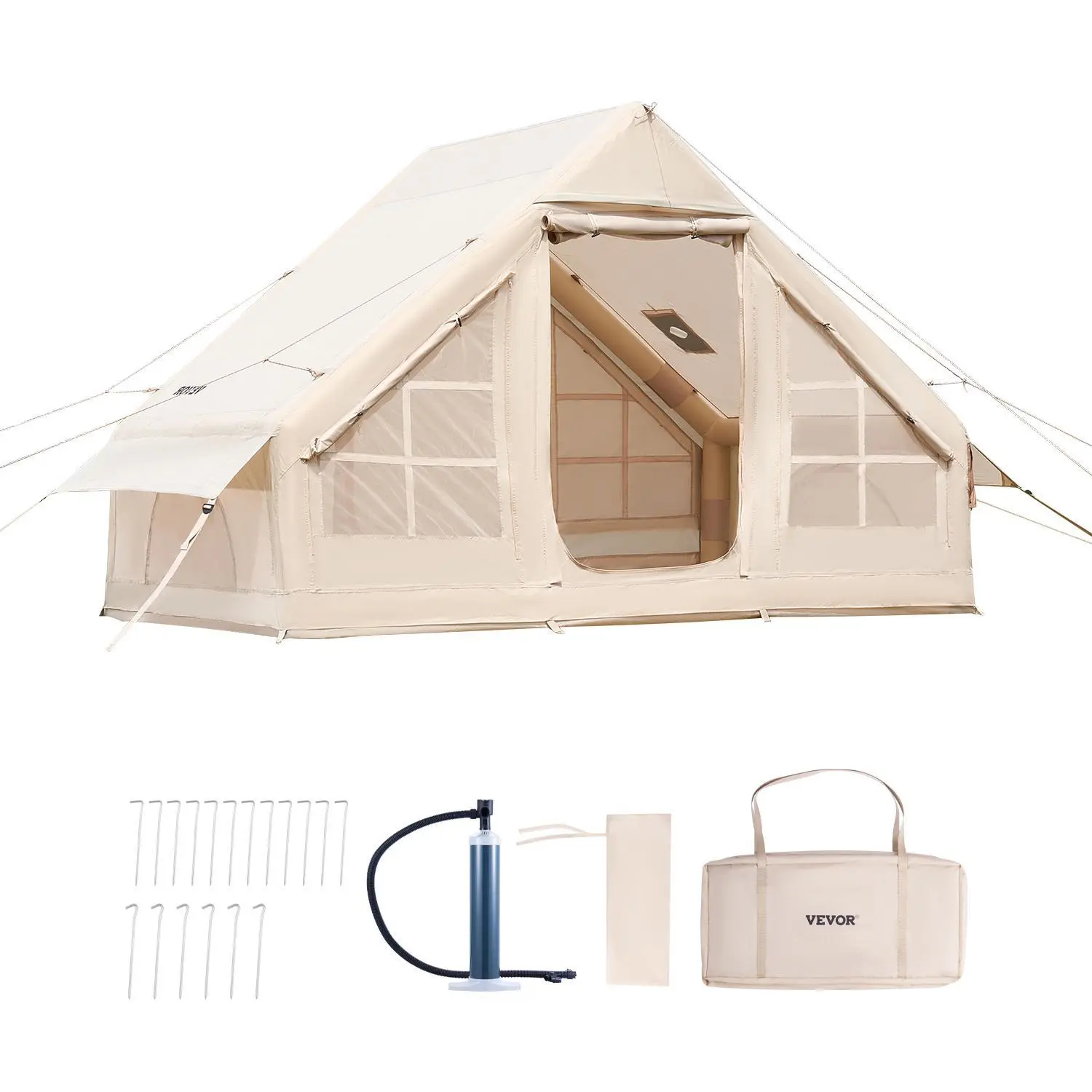 VEVOR Inflatable Tents for Camping,  3-5 Person Easy Setup Blow up Tent with Hand Pump, 300D Oxford 4 Season Glamping Tent with Stove Jack 2 Doors & 2 Mesh Windows, Storage Bag Included for Easy Taking#BackToSchool