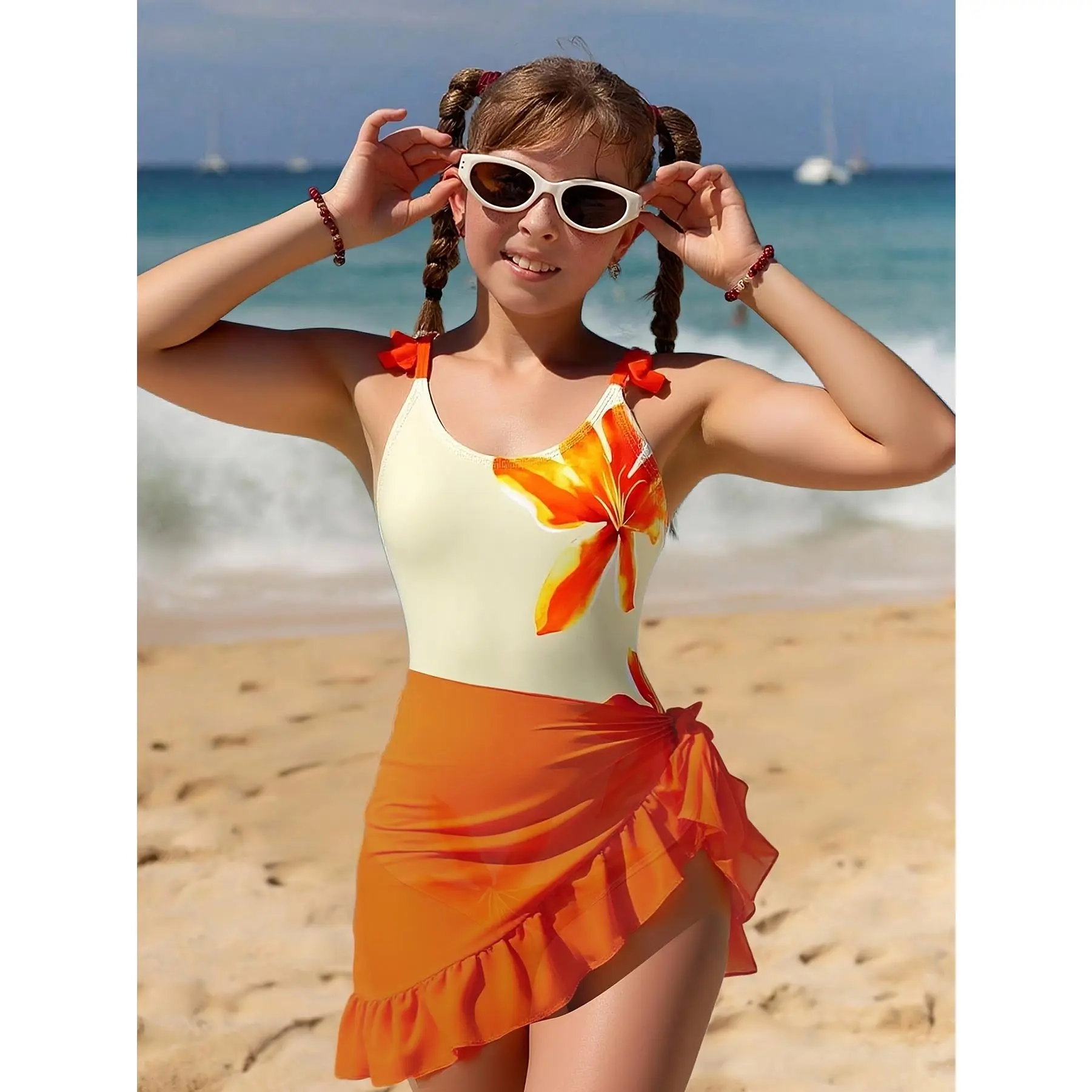 Girls' 2-Piece Skinny Floral Knit Elastane Bodysuit Set - Spring Summer Casual Camisole Romper, Bow Detail Skirt, Ideal for Beach, Vacation, Great Gift