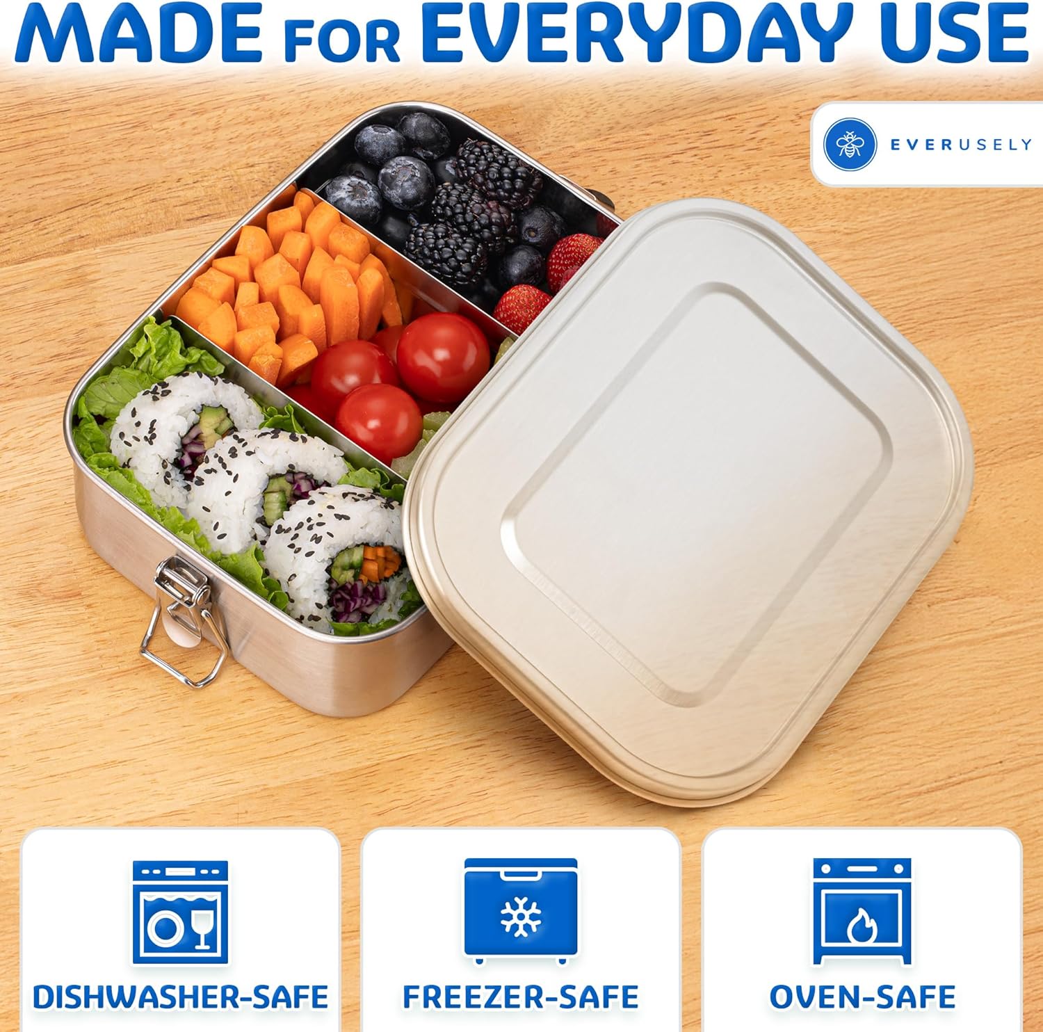 EVERUSELY Stainless Steel Lunch Box 47 oz 1.4 L with 2 Adjustable Dividers Leakproof Food Container for Adults Work Picnics Travel Dishwasher Safe Tableware Reusable EVERUSELY Stainless Steel Lunch Box 47 oz 1.4 L with 2 Adjustable Dividers Leakproof Food Container for Adults Work Picnics Travel Dishwasher Safe Tableware Reusable