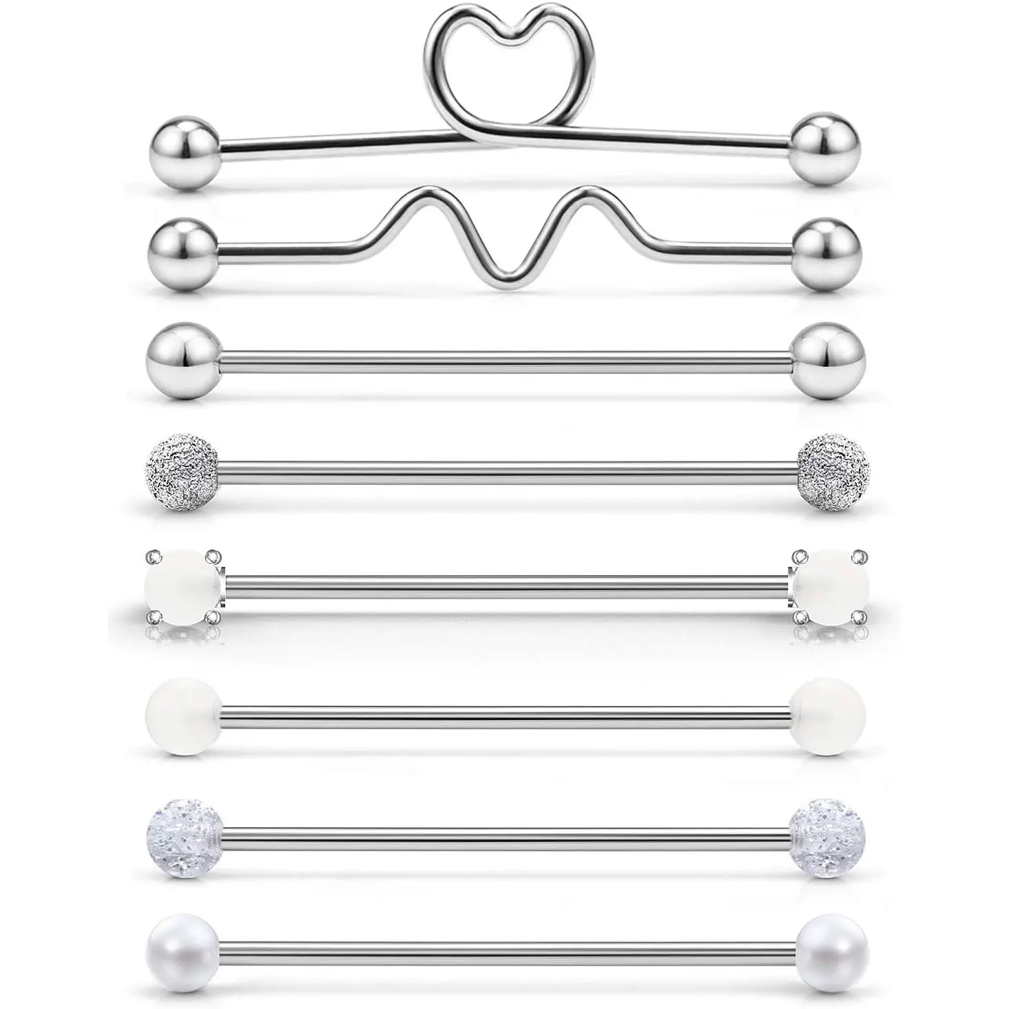 16G Surgical Steel Glow-in-the-Dark Glitter Industrial Barbell, 38mm (1.5in) Body Jewelry for Men Women, 8-Piece Cartilage Helix Earring Piercing Accessories