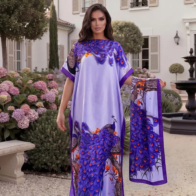 Elegant Silk-Printed Moo Moo Long Dress Set, Boho Style Wraparound Cape + Long Scarf, Women's Beach Cover-Up, Sun Protection, Beach Coverups
