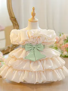Champagne Baby Girl Clothes Bow Infant Christening Cocktail Toddler Baptism Pageant Birthday Party Ball Gown Princess Cake Dress for all Season 6 Months to 3 Years