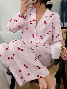 Spring Summer Striped Heart Print Long Sleeve Button Collar Top + Pants Set, Casual Loose Fit Home Wear, Women's Comfortable