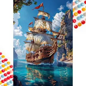 5D DIY Full Drill Round Diamond Painting - Diamond Painting Kit Sailboat Seascape Mosaic Canvas DIY Wall Art, Home Wall Decoration, Suitable for Halloween, Christmas, Birthday, and Anniversary Gifts