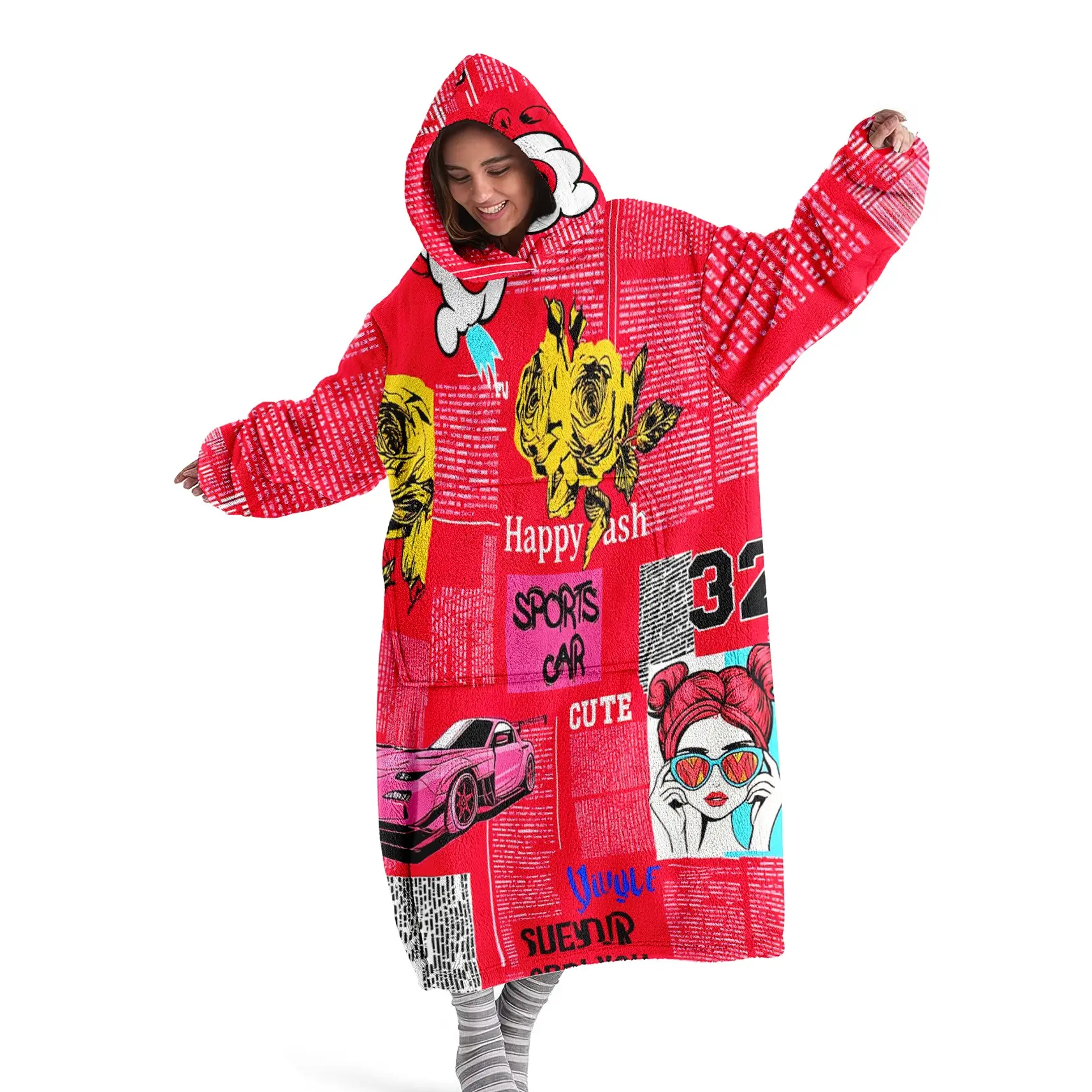 Hooded Blanket Wearable Graffiti Print, Soft Warm Flannel Blanket, Sofa Cover, Home Leisure, Air Conditioning, Nap, Office Bed Camping Travel Gift