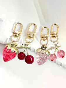 Two piece simulation Resin Fruit Keychain, Cute Pink Red Strawberry Cherry Keychain Bag Charm Purse Handbag Backpack Pendant Accessories, Strawberry Cherry Pendant Charms Wallet Decoration Keychain, perfect gift for Christmas Valentine'S Day