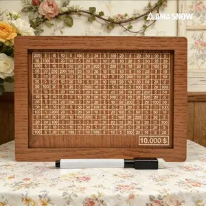 Ama Snow Larger Size Brown Durable Wooden Unisex Savings Challenge Box - Cash Vault Kakeibo Money Bank with Counter, Dry Erase Pen, Decorative Transparent Cash Coin Piggy Bank, Figure, Adult Educational Math Toy Gift