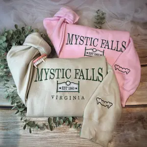 Mystic Falls Embroidered Sweatshirt ~ Vampire Diaries Sign Sweathsirt ~ Cute Vampire Fangs Sleeve Detail ~ Unisex Jumper