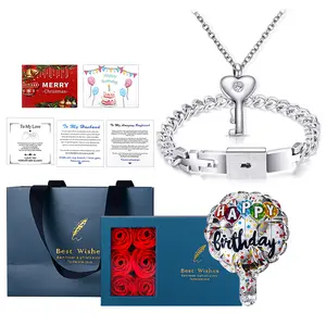 OIDEA Couples Lock Bracelet Key Necklace Set Gift Box Stainless Steel Heart Jewelry