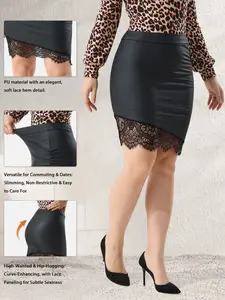 Elegant High-Waisted Lace Short Skirt, Plus Size Bodycon Design, Perfect Chic Party Wear, Faux Leather Look, Sophisticated Office Style