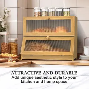 Double Layer Bamboo Bread Box for Kitchen Counter-Large Capacity Bread Storage Container Farmhouse Bread Box with Window Bread Holder