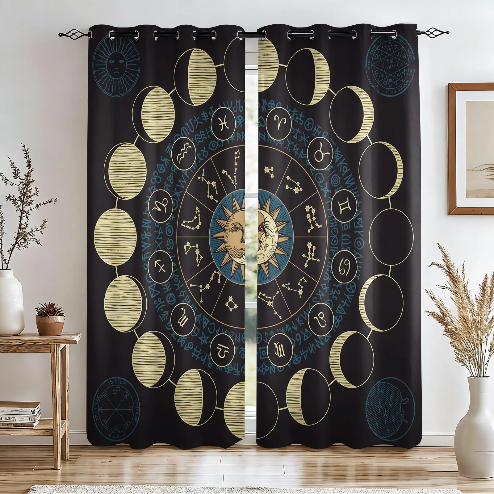 2 Panels Boho Sun Moon Zodiac Printed Curtains, Black Darkening Curtains with Mystical Astrology & Celestial Print, Witchy Decor Curtains for Teens Bedroom Living Room, Aesthetic Room Decoration
