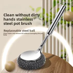 Kitchen brush - wire ball long-handled brush - extended wire brush - large-sized dish brush - pot brush - no dirt on hands - handle - stove top - kitchen tools