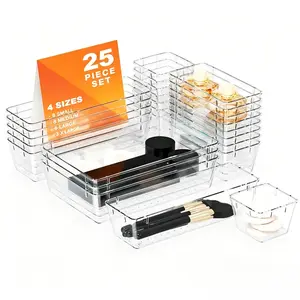 25 Pack Clear Plastic Drawer Organizer Set, 4 Sizes Adjustable Divided Storage Bins, Vanity Makeup Jewelry Gadget Drawer Dividers, Multi-Purpose Trays for Kitchen Bathroom Bedroom Office Desk Organization