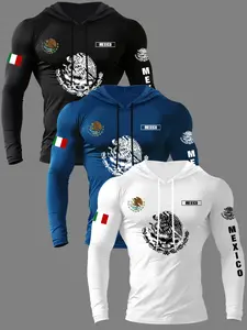 Men's 3-Piece Knit Eagle Flag Letter Graphic Print Hooded Long Sleeve T-Shirt Set, Spring & Fall Outdoor Casual, Fitted Pullover