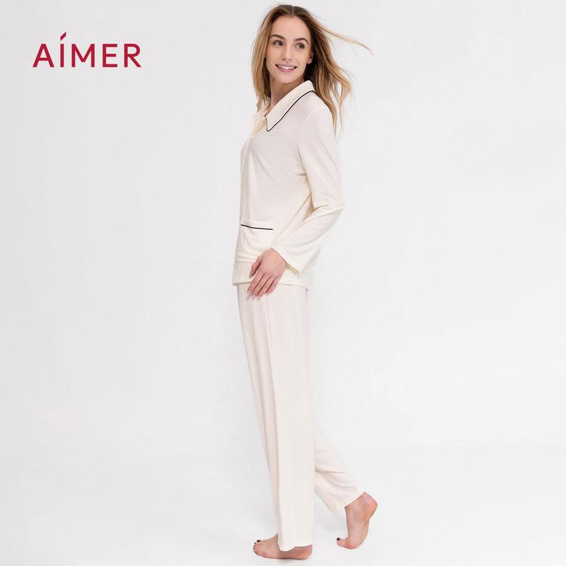 AIMER Long Sleeve Pajama Set Soft Warm Lightweight Fabric Relaxed Loose Fit V Neck 2 Piece Cozy Sleepwear Matching Loungewear Nightwear with Front Pockets Minimalist Basic Womenswear Fall Essentials Black Friday Comfort Daily Wear TikTokShopHolidayHaul