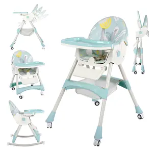 Foldable High Chair with Wheels,6-in-1 High Chairs for Babies and Toddlers, Compact Adjustable Folding Baby High Chair for Infant Toddler Baby Boy Girl with Wheels & Footrest