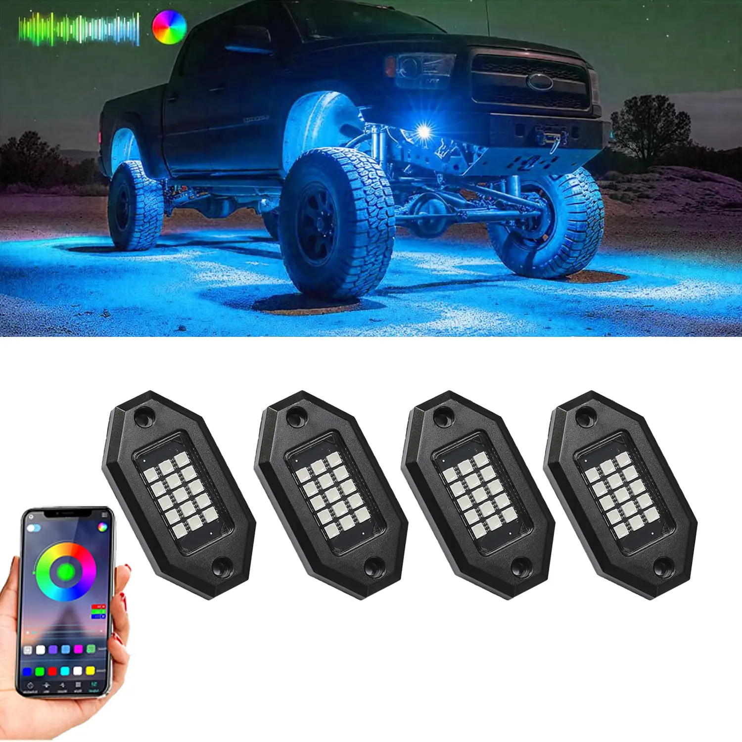 RGB LED Rock Light Kit for Trucks, 4/8/10/12-Pod 12V Waterproof APP Control Music Mode Underglow Neon with Extension Wires, Custom Cool Car Stuff, Car Exterior Upgrade Decoration, Rock Light Kit Lighting Assemblies & Components (No Remote Control), Multif