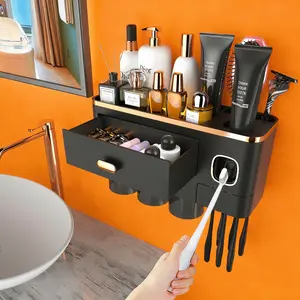 iHave Wall-Mounted Toothbrush Holder with Toothpaste Dispenser, 3 Cups, Large Capacity Tray - Home Bathroom Supplies Storage Accessories