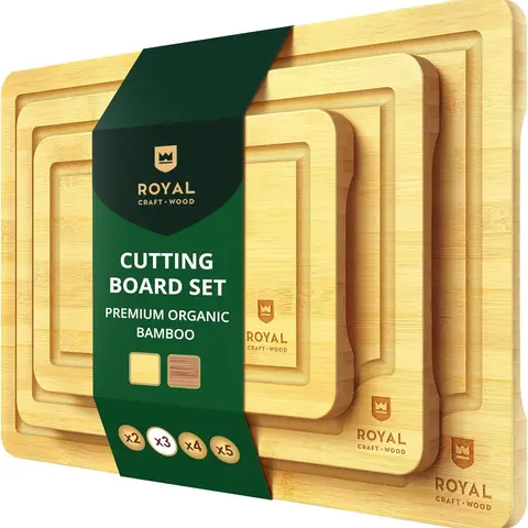 Royal Craft Wood Organic Cutting Board Set of 3 for Kitchen Cooking & Serving Bamboo Wood Cutting Boards Set - Knives Friendly Surface with Side Handles Kitchenware Boards With Juice Groove