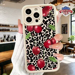 Trendy Cherry Leopard Pattern Phone Case for iPhone 17 16 15 14 Pro Max 13 12 11 XR XS Plus Air Slim Lightweight Shockproof Anti Drop Protective TPU Cover