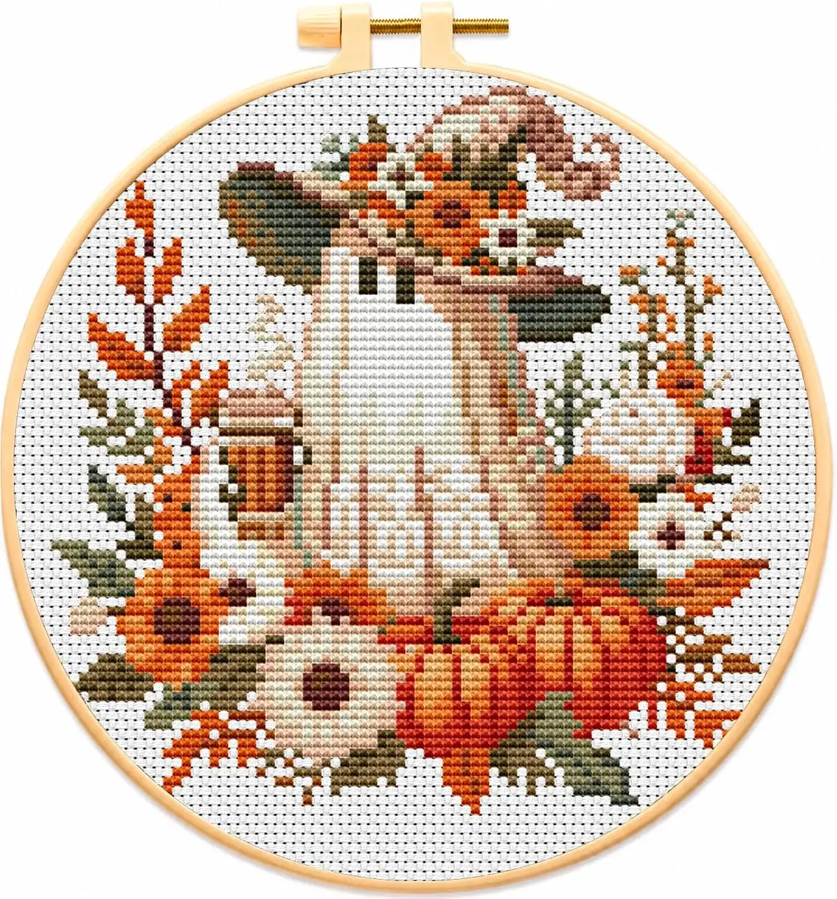Ghost Cross Stitch Kits for Adults Beginners,Halloween Stamped Cross Stitch Kits with Framed,Fall Ghost Pumpkin Embroidery Kit for Beginners,Partial 11CT Cross-Stitch Arts and Crafts 8x8 inch