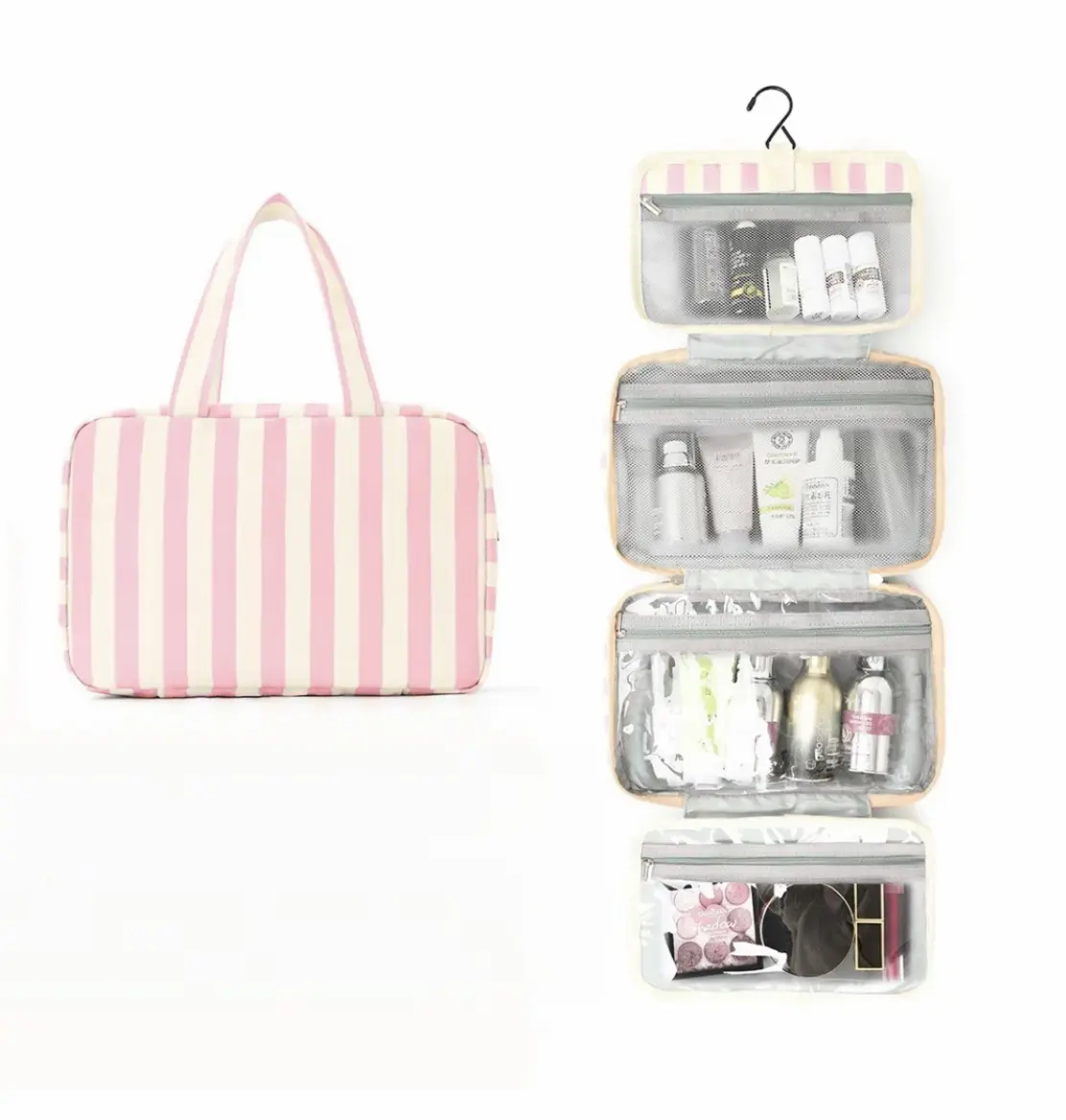 4-Layer Striped Wash Bag – Wet & Dry Separation, Large Capacity Travel Toiletry Bag for Cosmetics Storage