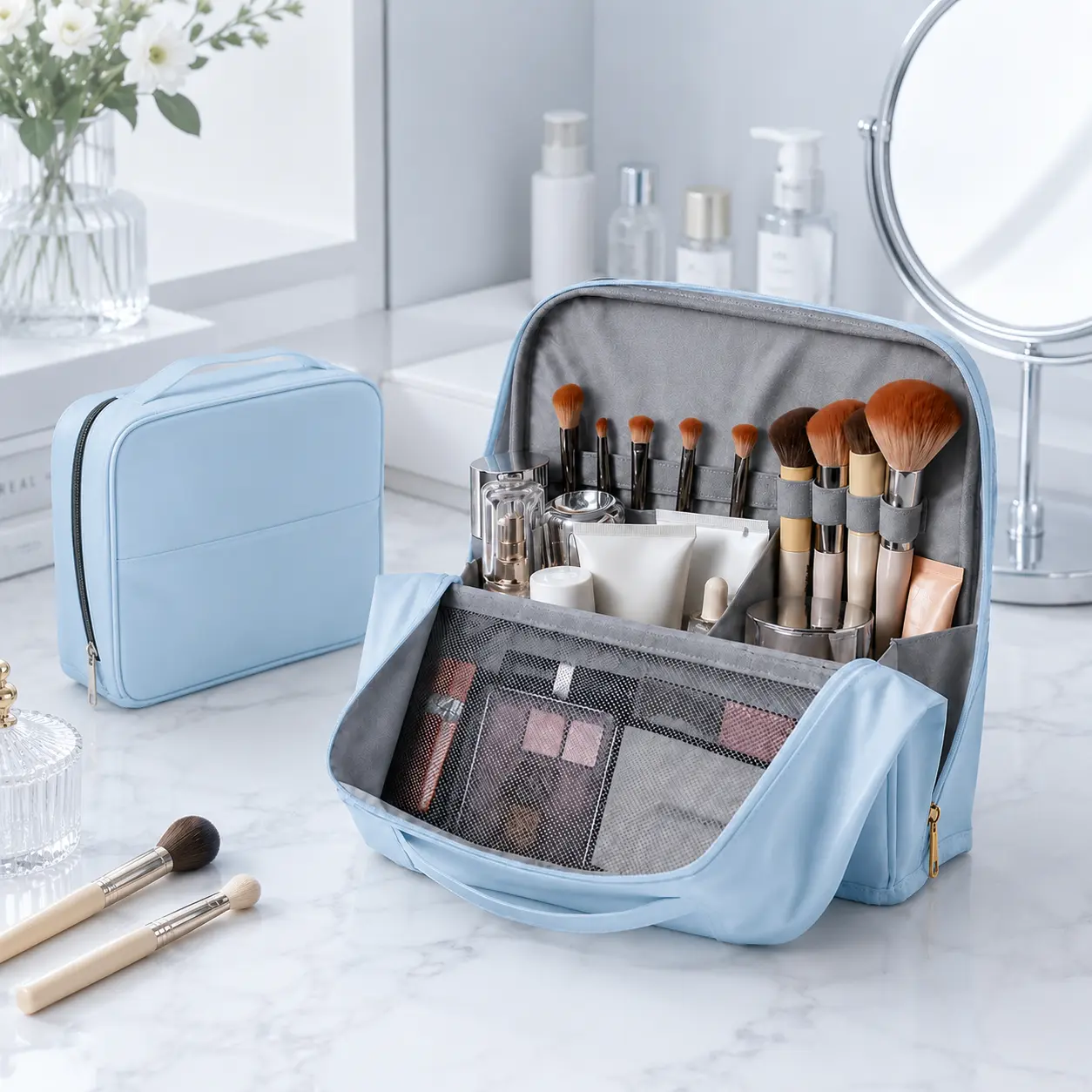 Standing Travel Makeup Bag for Women | Waterproof Cosmetic Organizer with Magnetic Fold-Down Flap, Large Opening & Brush Holder