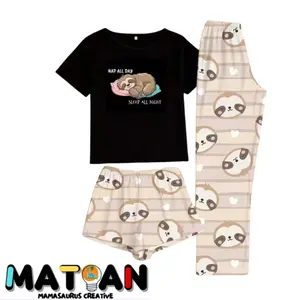 Nap All Day, Sleep All Night— Women's Sloth Pajama Set - Sleepy Sloth Dreams 3 Pieces PJ Set