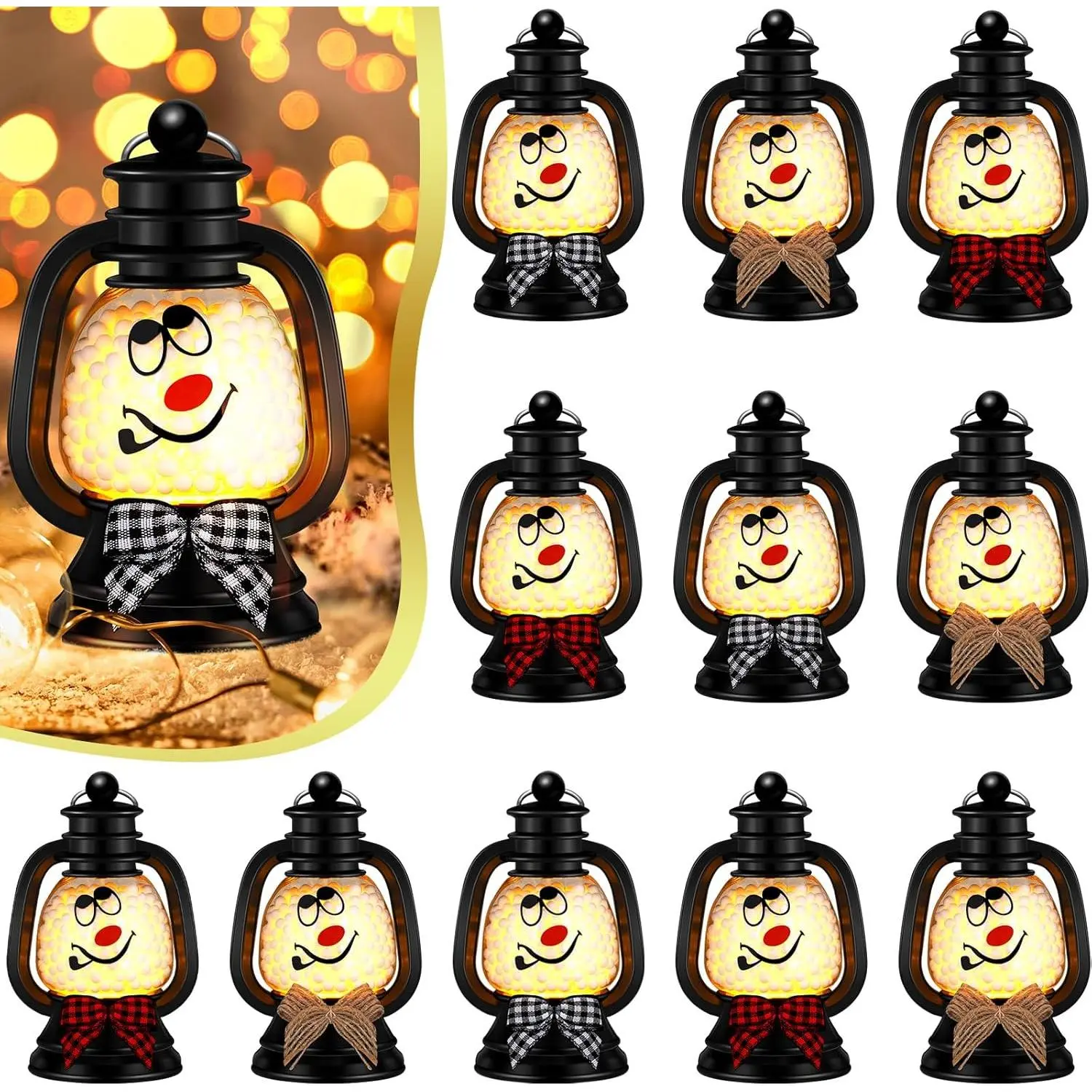 Christmas Mini Snowman Lanterns – 12 Pcs with Flickering LED Candles and Buffalo Plaid Bow – Portable Tabletop Centerpiece for Indoor Outdoor Holiday Decor