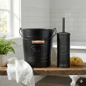 Autumn Alley Matte Black Metal Farmhouse Trash Can & Toilet Brush Set - Durable 2-Gallon Capacity with Wooden Handle & Eye-Catching Labels