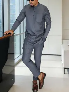 Men's African Dashiki Set, Business Style, Round Neck, Long Sleeve, Button Front, Pockets, Split Hem, Drawstring Waist Pants, All Seasons