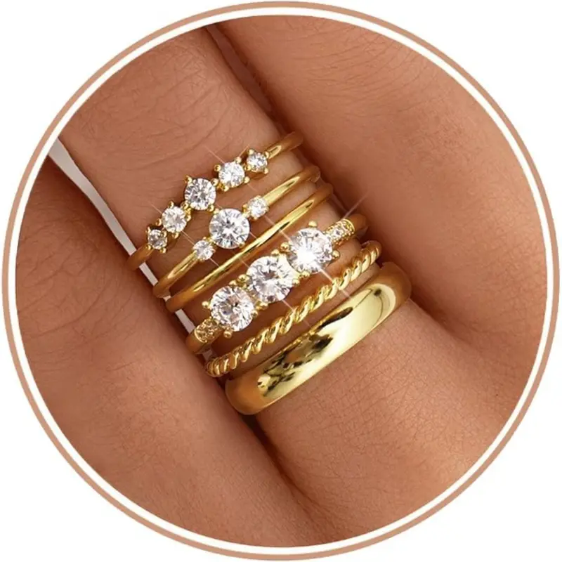 Gold Rings for Women Non Tarnish 14k Gold Plated Fashion Stackable Rings, Dainty Stacking Rings, Dainty Cubic Zirconia Thin Thumb Ring Set Size 6-10, Exquisite Trendy Ring, Trendy Promise Wedding Bands Engagement Rings Ring Jewelry