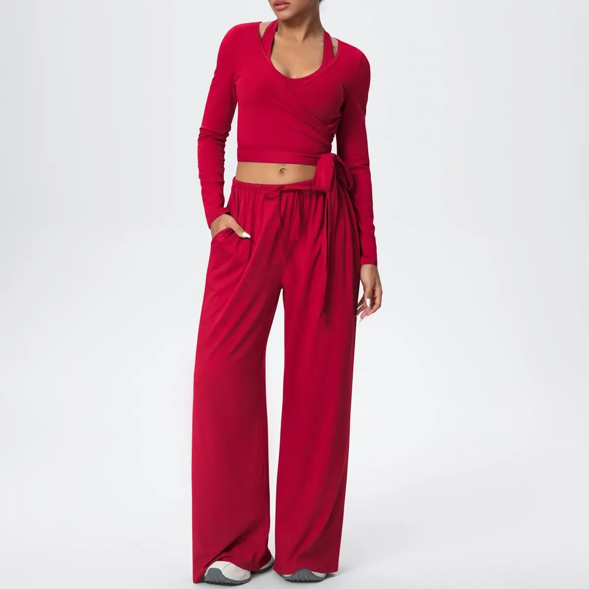 Women's 2-Piece Breathable Solid Sportswear Set - High-Rise Wide-Leg Pants, Long-Sleeve Crossover Crop Top for Yoga, Gym, Female All-Seasons String-Style Normal-Type Activewear