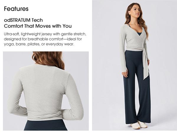 ODODOS Women's Waist Tie Wrap Top - Ultra Soft odSTRATUM Tech UPF 50+ Long Sleeve Cropped Ballet Yoga Shirt with Thumbholes, Women's Clothes, Clothes For Women