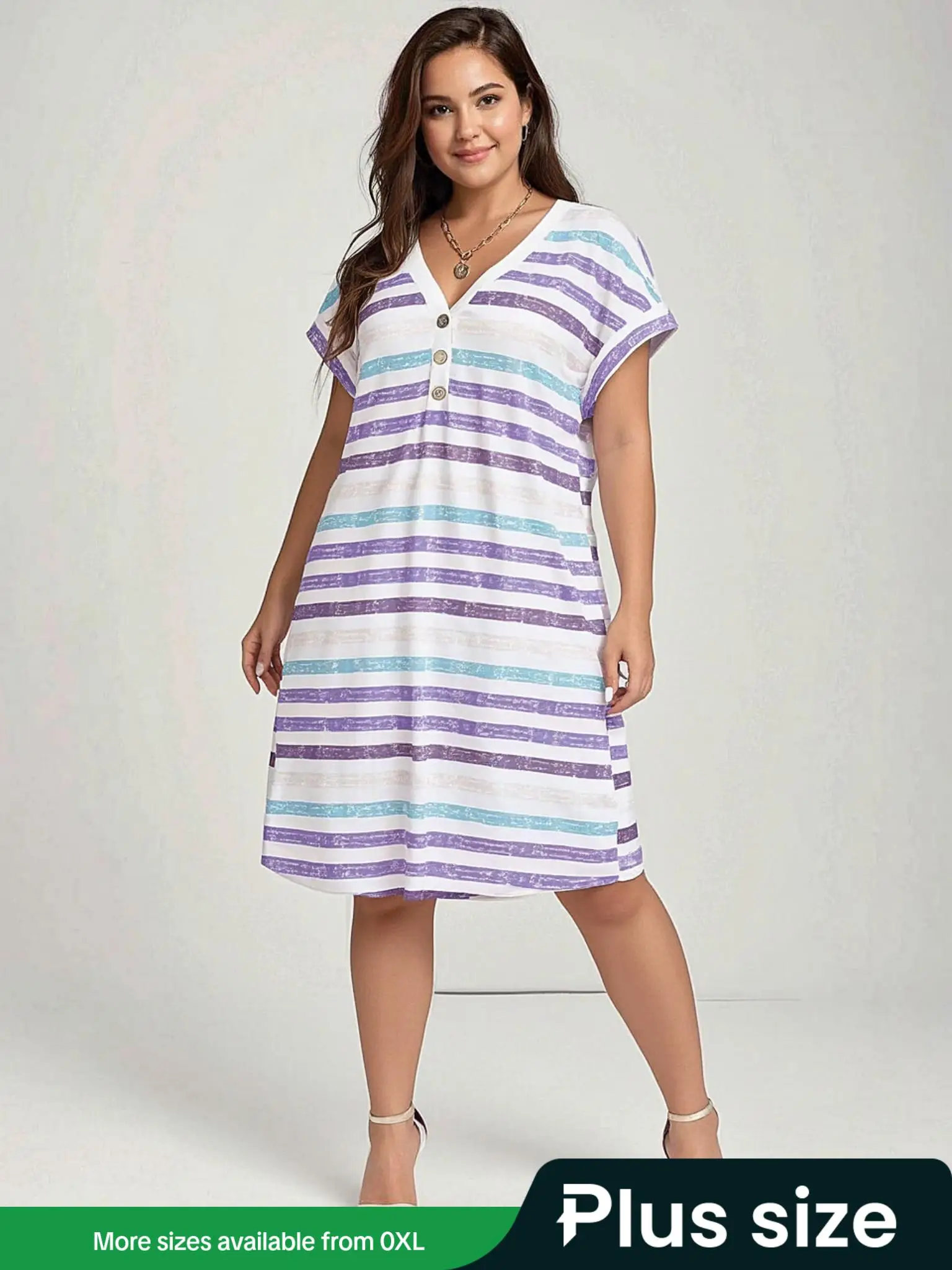 【Plus Size】 Women's Striped Print Vneck Dress, Casual Fit Chic Button Batwing Sleeve Short Dress, Women's Plus Clothing for Daily Wear, Womenswear, Pl