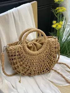 Half Round Hollow Handbag Fashion Beach Vacation Woven Bag, Stylish Straw Basket for Summer Holidays, Perfect for Casual