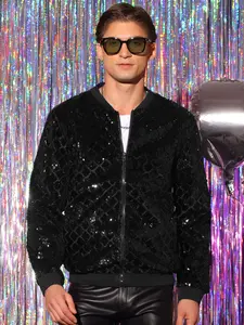 INSPIRE CHIC Argyle Sequin Bomber Jacket for Men's Party Club Shiny Baseball Varsity Jacket