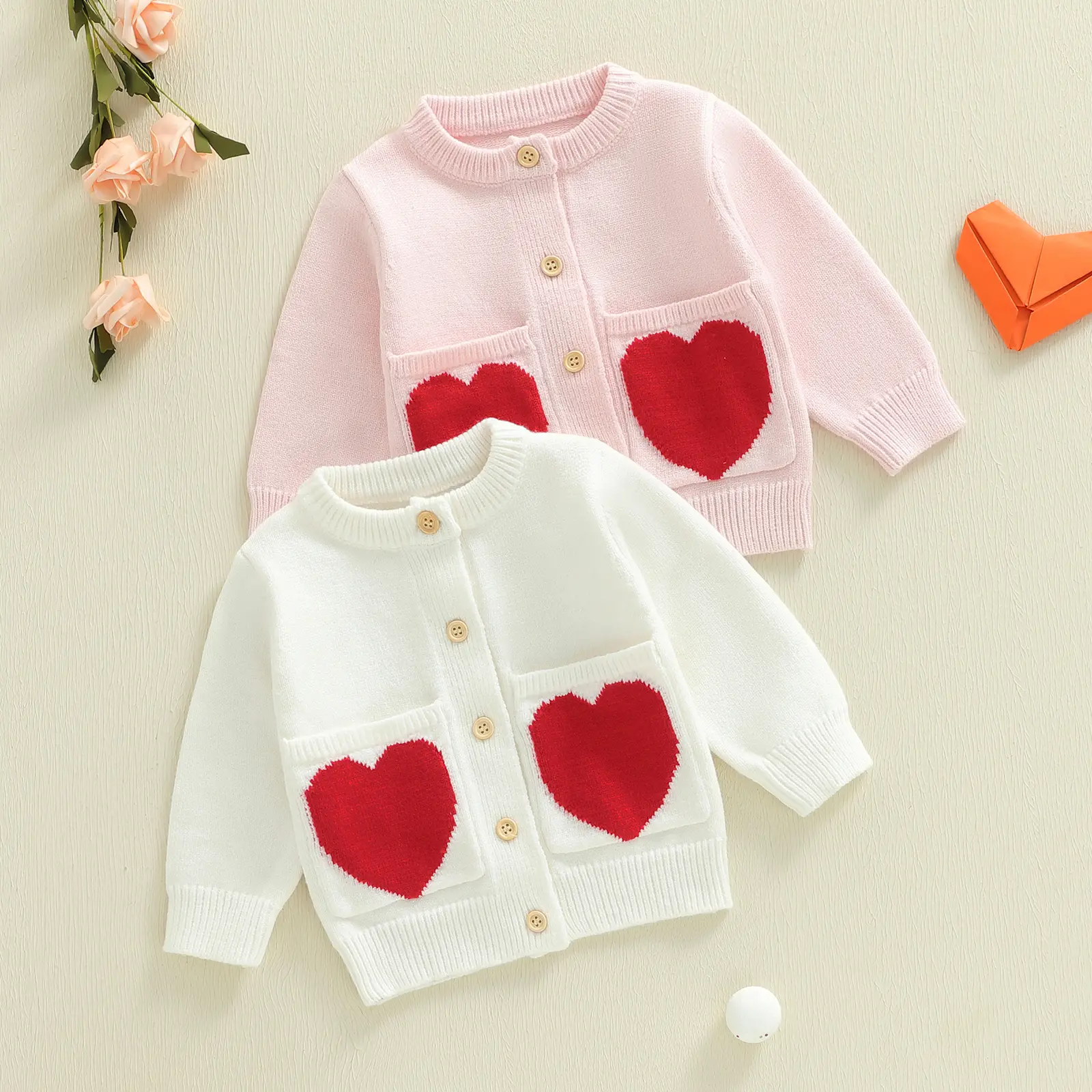 Toddler Baby Little Girl Knitted Cardigan Adorable Heart Pattern Long Sleeve Button Down Sweater Spring Winter 0-3 Years