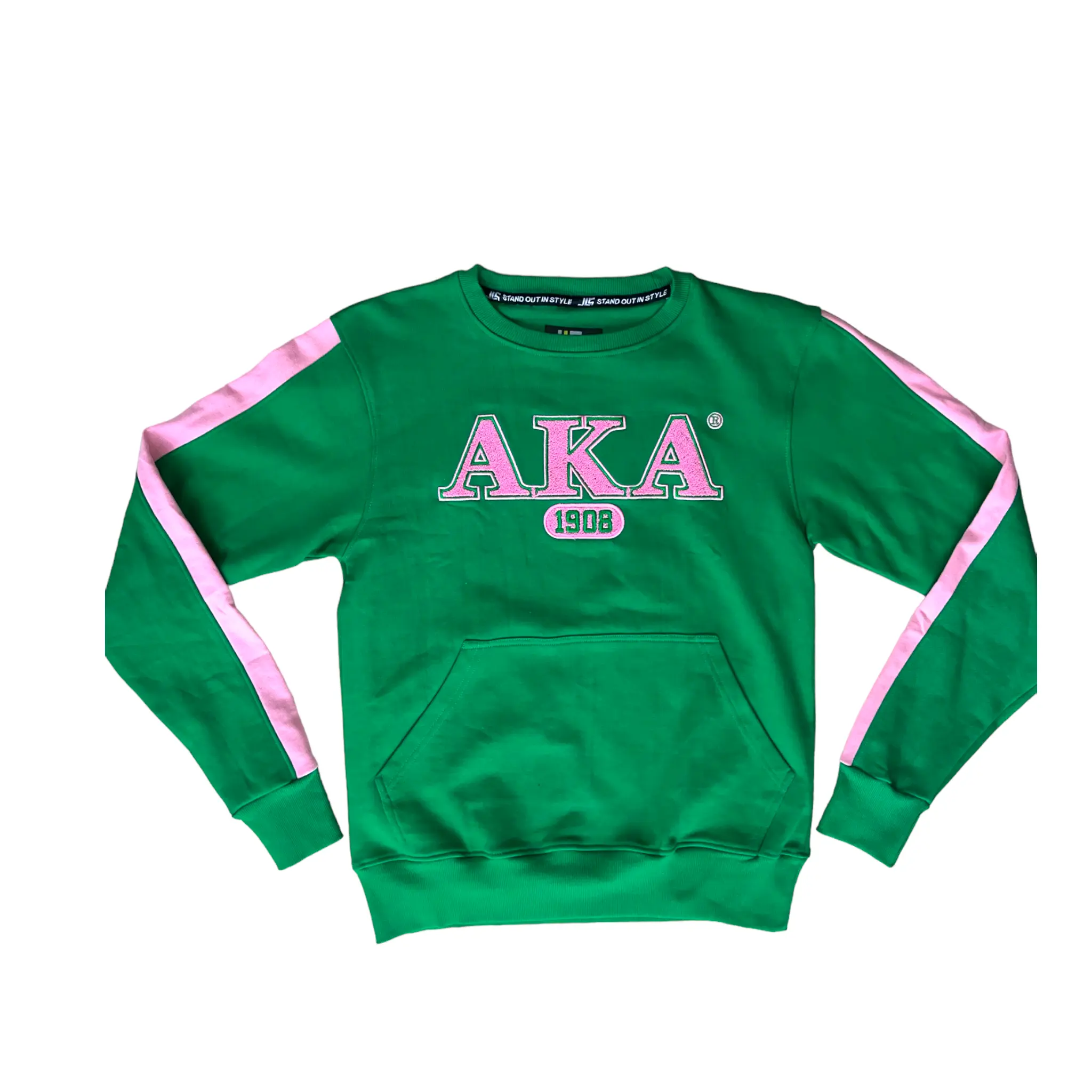 The Legacy Green AKA Crew Pullover with Pink Sleeves and "AKA" Text, Casual Style, Soft Fabric, Ideal for Men