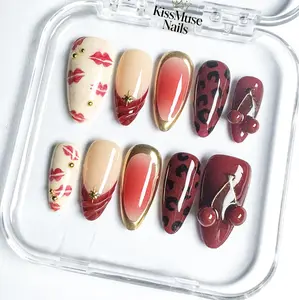 KissMuse Nails |  Cherry Lip Prin | ST-D011 | 10PCS Cherry Lip Print Press on Nails | Red Leopard Lip Print Fake Nails with Gold Chrome | Reusable Acrylic Kit