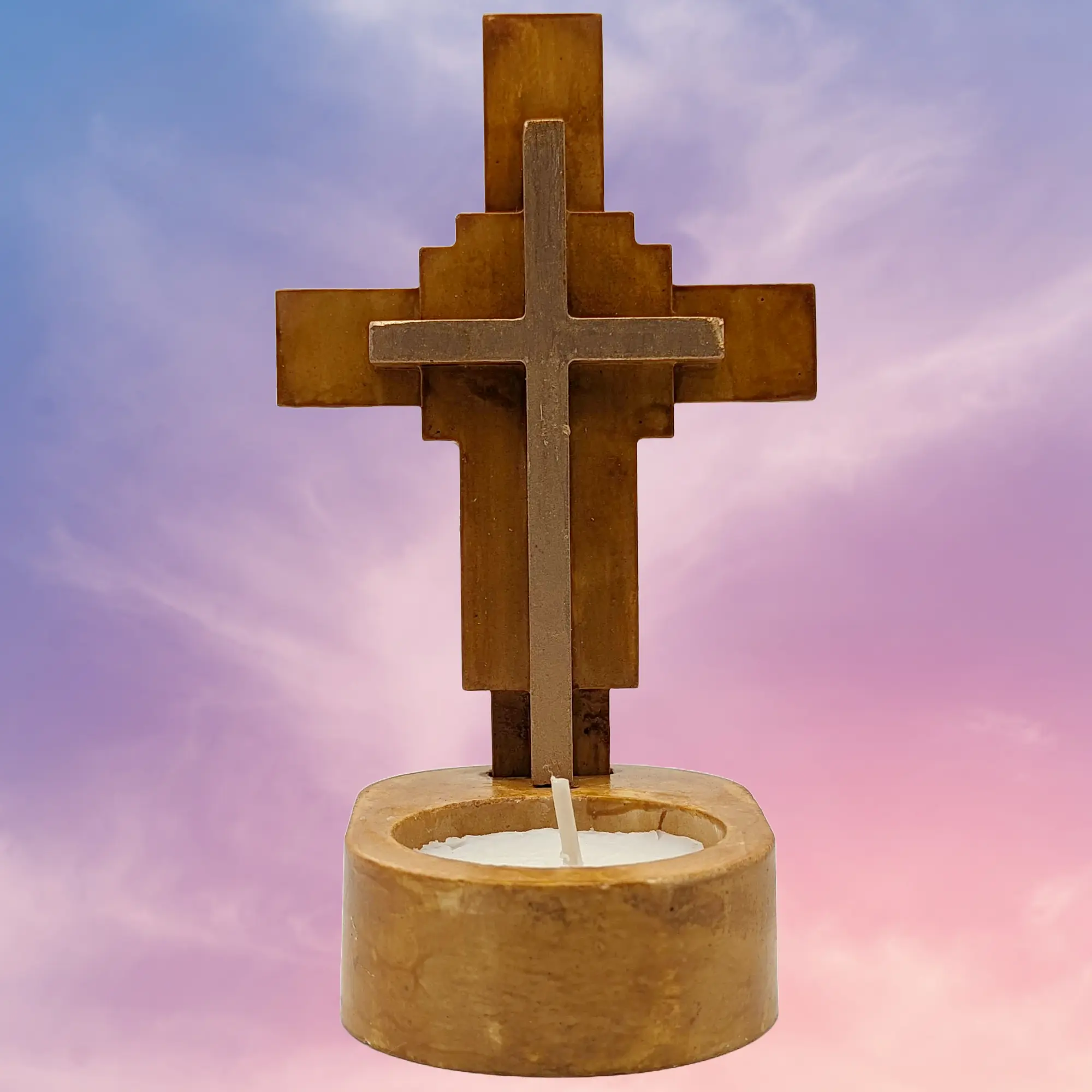 Rose Gold Ceramic Cross Tabletop Tea Light Holder - Faux Wooden, Handmade, Durable, Original, 2.5"w x 3"l x 4.5"h, Indoor Home Decor, Religious Spiritual Accent, Tabletop Mount, Shelf Mount for Home Supplies