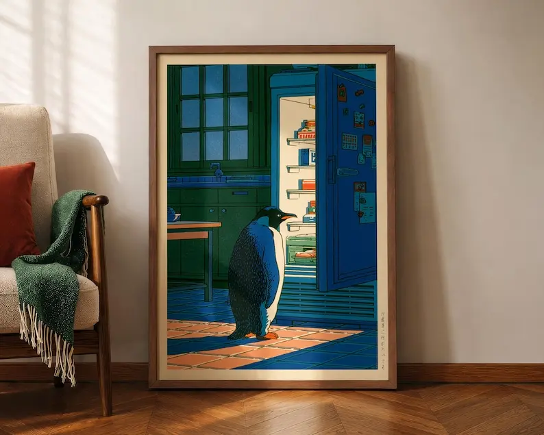 [No Framed] Japanese Penguin Poster, Penguin Fridge Print, Funny Kitchen Wall Art, Hasui Kawase Art, Hiroaki Takahashi Style, Shin-Hanga Wall Art