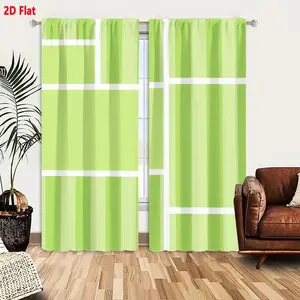 2D Flat  Geometric Green Vertical Striped Curtain 2-Piece Set, White Border Rectangular Pattern Design, Light Green & Green Striped Living Room Bedroom Window Treatment