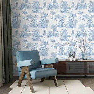 Blue Safari Toile Wallpaper - Jungle Animals in Classic Style